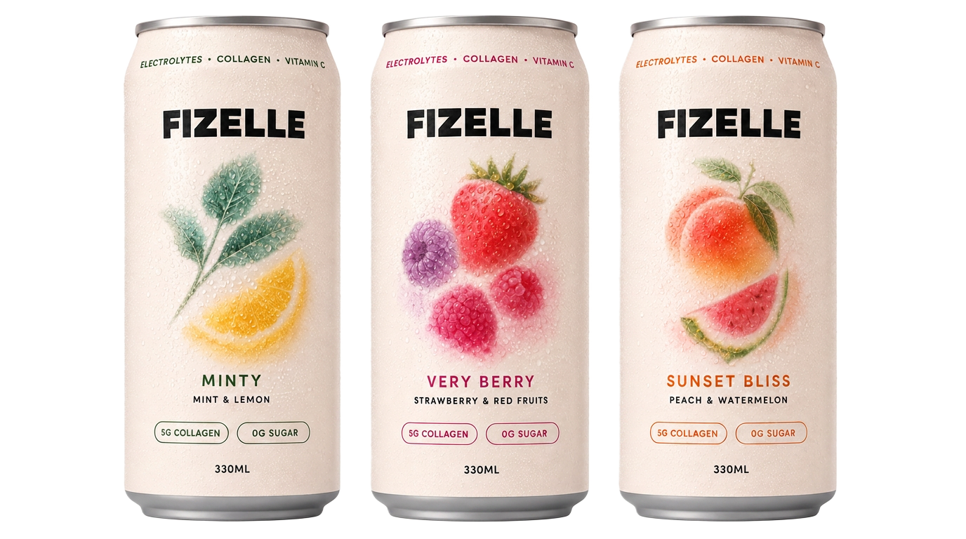 Three Fizelle cans — Minty, Very Berry, Sunset Bliss — with disco ball and ice